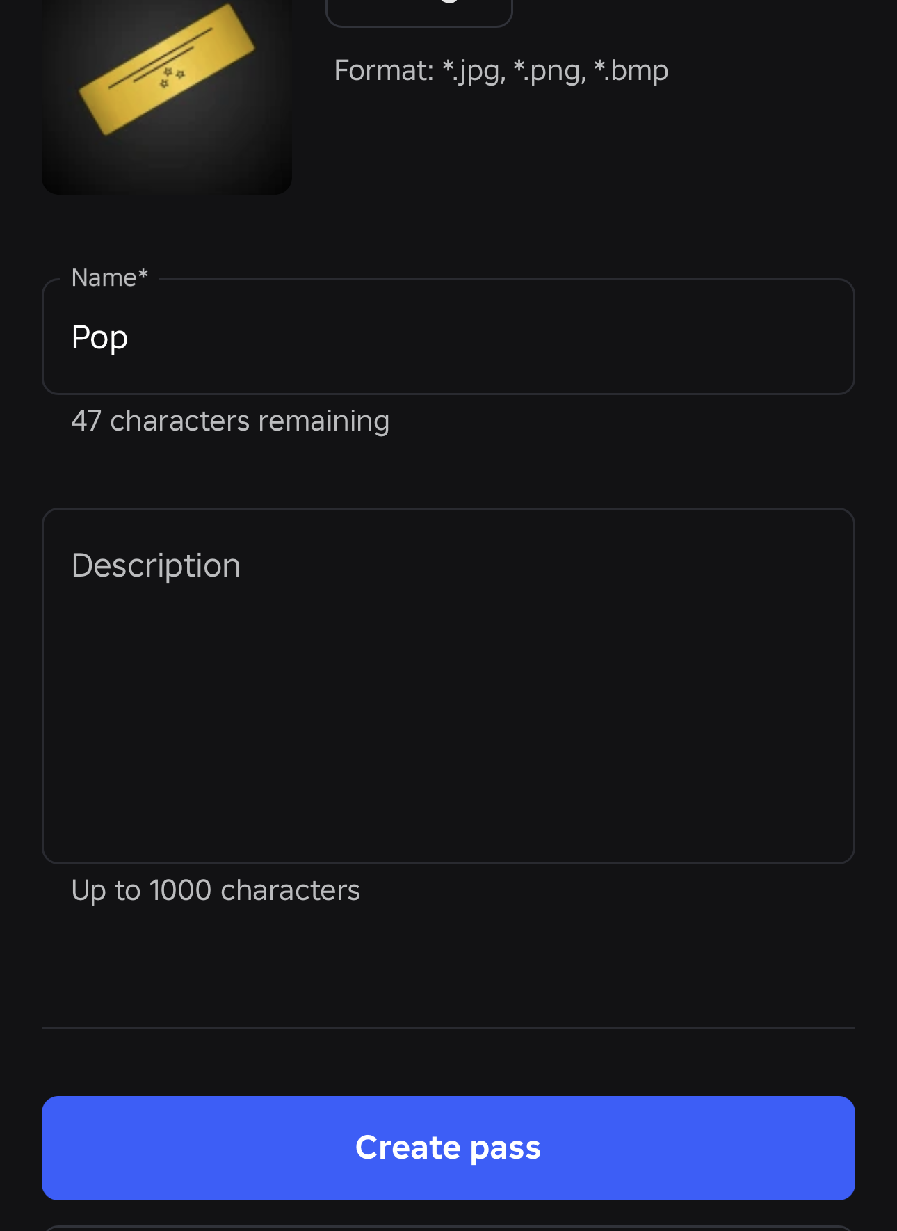 Форма создания пасса: название и кнопка Create pass
